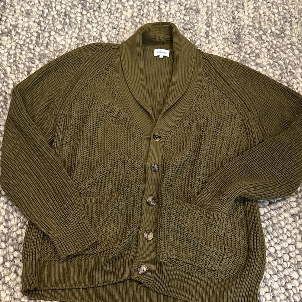 Brioni Olive Green Shawl Collar Cardigan